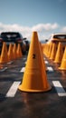 License test involves car maneuvering through traffic cones, testing driving precision.