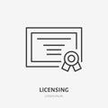 Licensing flat line icon. Certificate sign, patent illustration. Thin linear logo for legal services, lawyer