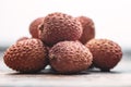 Lichee on wooden table, litchi, lychee fruit detail