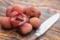 Lichee on wooden table, litchi, lychee fruit detail