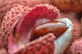 Lichee on wooden table, litchi, lychee fruit detail