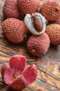 Lichee on wooden table, litchi, lychee fruit detail