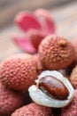 Lichee on wooden table, litchi, lychee fruit detail