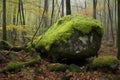 lichen-covered boulder in a serene forest setting Royalty Free Stock Photo