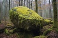 lichen-covered boulder in a serene forest setting Royalty Free Stock Photo