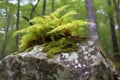 lichen and ferns coexisting on a boulder in nature