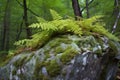 lichen and ferns coexisting on a boulder in nature