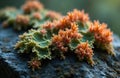 Lichen grows on rock. Lichen orange, green. Lichen on stone. Rock with moss, lichen. Green, orange moss on rock surface. Lichen Royalty Free Stock Photo