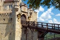 Lichtenstein Castle gates with old wooden bridge in summer, Germany Royalty Free Stock Photo