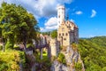 Lichtenstein Castle with high bridge, Germany. This scenic castle is a landmark of Germany. Beautiful view of fairytale Royalty Free Stock Photo