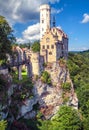 Lichtenstein Castle with high bridge, Germany. It is a tourist attraction of Germany. Scenic view of fairytale Lichtenstein Castle Royalty Free Stock Photo