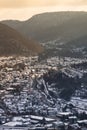 Lichtenstein, Germany - 2021, January: Castle Lichtenstein with the sun shining over the mountains in winter Royalty Free Stock Photo