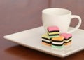Licorice allsorts on a white plate Royalty Free Stock Photo