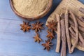 Licorice, licorice powder and star anise on the wooden background