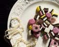 Licorice on a Plate with Pearls