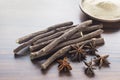 licorice root and anise on the table - Glycyrrhiza glabra Royalty Free Stock Photo