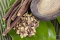 Licorice root in bowl on wooden background