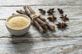 licorice root and flour and anise on the table Royalty Free Stock Photo