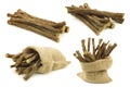 Licorice root sticks and some in a burlap bag Royalty Free Stock Photo