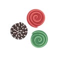 Licorice wheels set. Liquorice and fruit swirl candies. Round twisted sweets. Healthy swirly dessert. Realistic flat