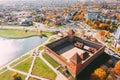 Lida, Belarus. Aerial Bird`s-eye View Of Cityscape Skyline. Lida Castle In Sunny Autumn Day. Famous Popular Historic