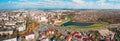 Lida, Belarus. Aerial Bird`s-eye View Of Cityscape Skyline. Lida Castle In Sunny Autumn Day. Famous Popular Historic