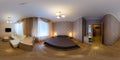 LIDA, BELARUS - MARCH 18, 2012: panorama 360 angle view in small bedroom in hotel in dark style color. Full 360 by 180 degrees
