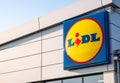 LIDL supermarket German chain store store logo signage editorial, shop building facade brand logo sign up close, nobody. Groceries