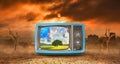 Lie concept. Oasis in the screen of old TV in apocalypse Royalty Free Stock Photo