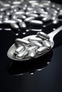 Lie on the surface of a spoon with pills. Drug addiction concept.