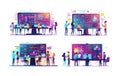 Lie truth detection cartoon vector scenes. Big monitor man woman back view tiny characters bars charts examining