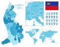 Liechtenstein detailed administrative blue map with country flag and location on the world map.