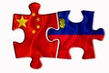 Liechtenstein flag and China of America flag on two puzzle pieces on white isolated background. The concept of political relations