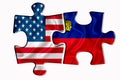 Liechtenstein flag and United States of America flag on two puzzle pieces on white isolated background. The concept of political