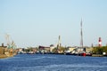 Liepaja, Latvia- 06.05.2023: Colorful view from the harbor channel to the city skyline