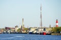 Liepaja, Latvia- 06.05.2023: Colorful view from the harbor channel to the city skyline