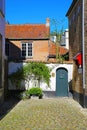 View on narrow front yard of medieval house with green tree, water pump blue door
