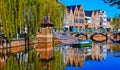 View on village water moat, ancient arch stone bridge, weeping willow tree, medieval houses and castle towe Royalty Free Stock Photo