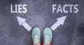 Lies and facts as different choices in life - pictured as words Lies, facts on a road to symbolize making decision and picking