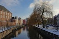 Lieve canal on a winter day with snow in Ghent, belgium