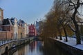 Lieve canal on a winter day with snow in Ghent, belgium