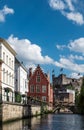 Lieve River leads along bourgeois mansions to castle, Gent, Flanders, Belgium