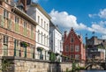 Lieve River leads along bourgeois mansions to castle, Gent, Flanders, Belgium