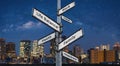 Life balance choices on signpost, with city at night backgrounds Royalty Free Stock Photo