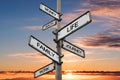 Life balance choices signpost, with sunrise sky backgrounds Royalty Free Stock Photo