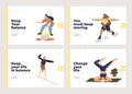 Life balance set of landing pages with people doing yoga and exercises for balance and health