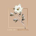 Life is beautiful postcard. Poster with lily flower and frame, positive motivation card, vector illustration.