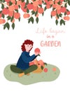 Life began in a Garden quote. Greeting card with garden quotation. Woman pick fruits in basket. Gardener pluck peach in