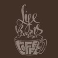Life begins after coffee. Lettering with coffee cup. Modern grunge calligraphy poster. Vector illustration.