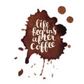 Life begins after coffee phrase, hand drawn typography with coffee stains vector card. Royalty Free Stock Photo